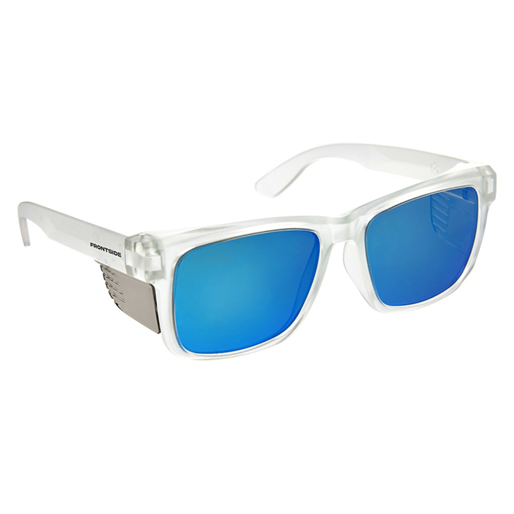 6513_1 SAFETY GLASSES FRONTSIDE POLARISED BLUE REVO LENS WITH CLEAR FRAME